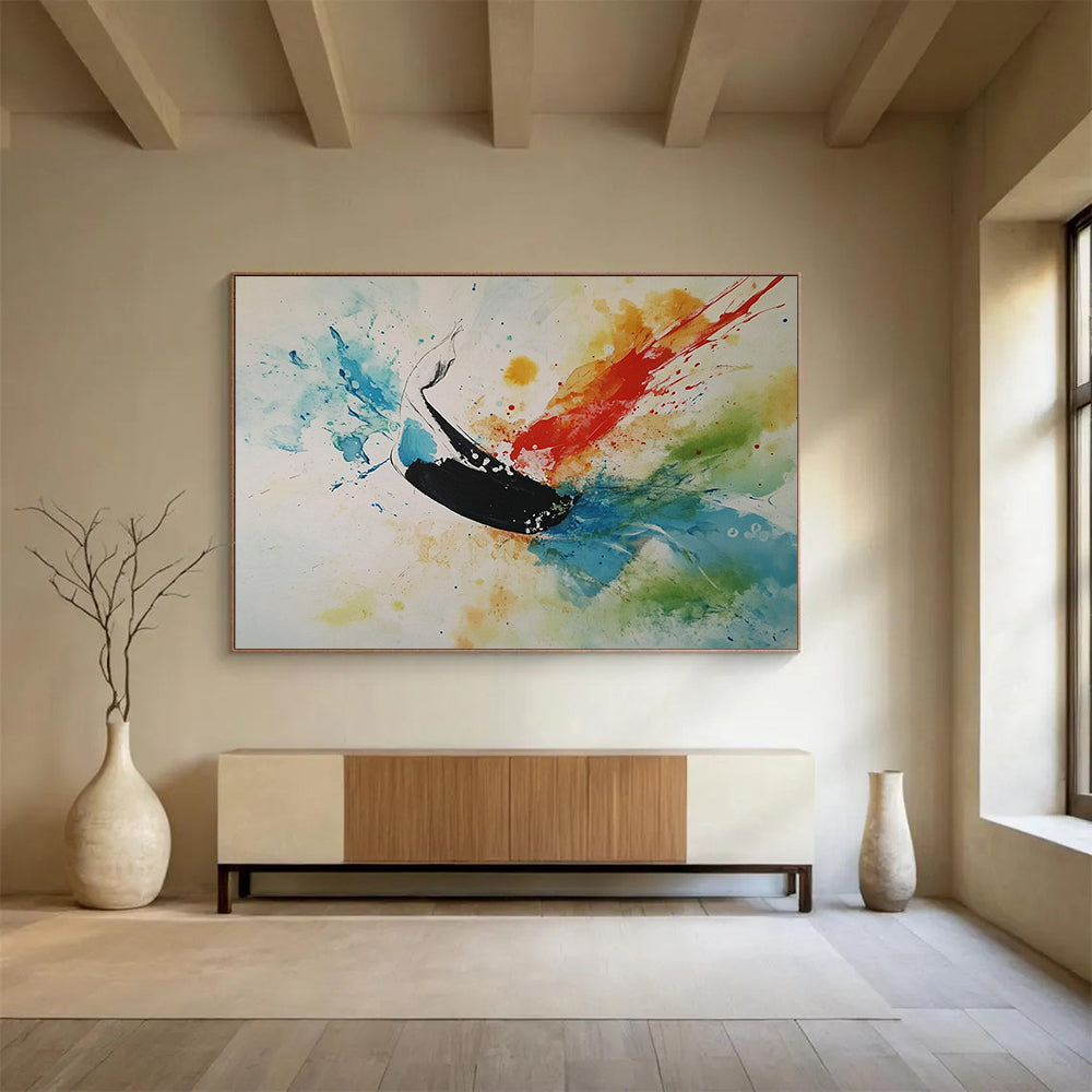 “Whale in Color Bursts” - Black Whale, Colorful Splashes, Abstract Marine Animal Painting On Canvas HB1099