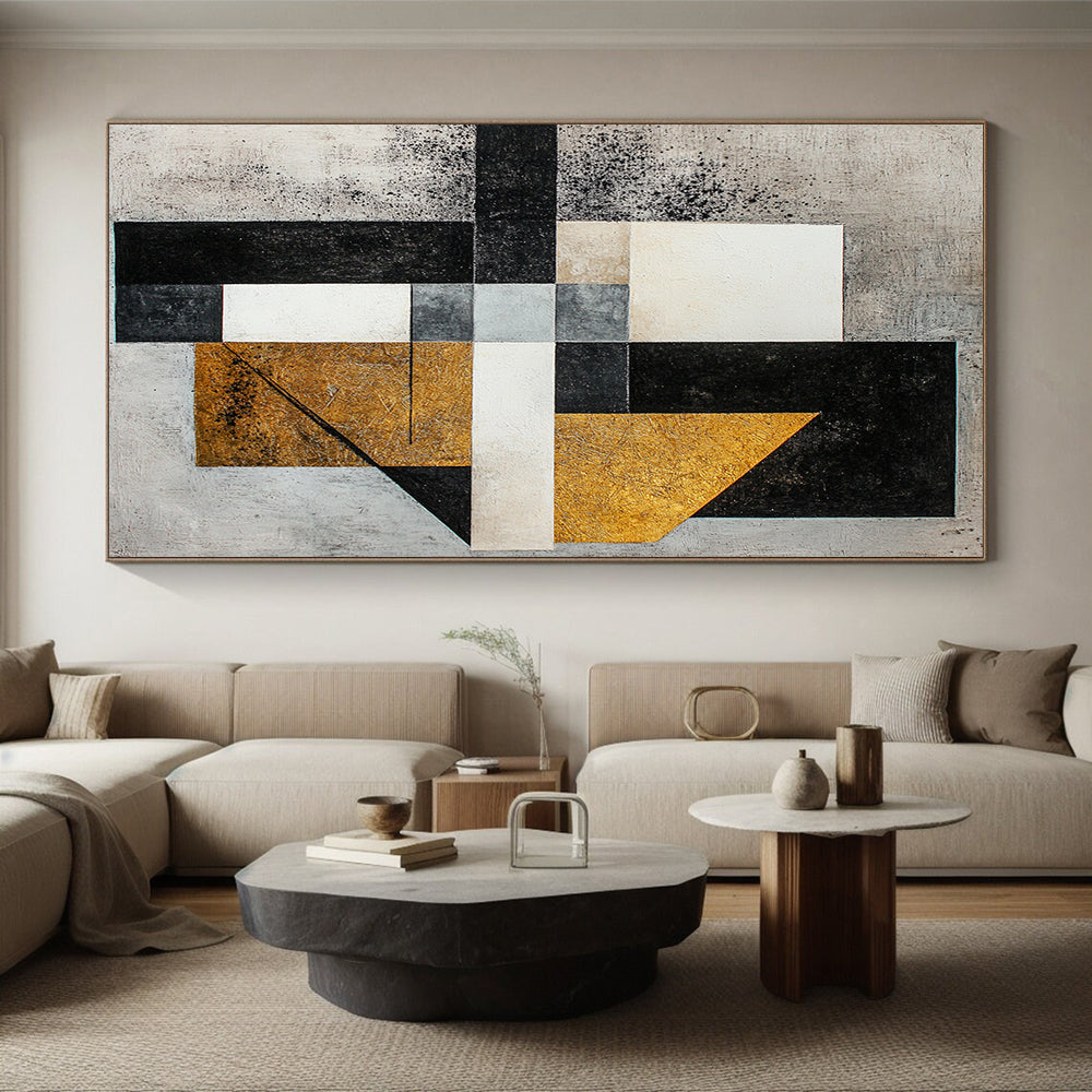 Gray, White, Black, Gold with Mixed Shapes "Textured Fusion" Abstract Painting On Canvas HB016