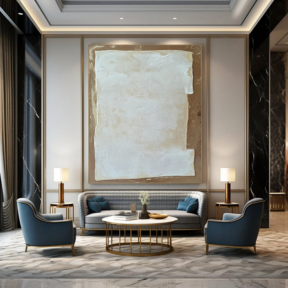 Contemporary abstract painting featuring white rectangular foam against a brown background inspired by Zdzisław Beksiński and Agnes Martin. DLZ1748