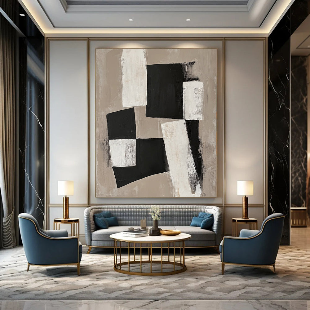 Large contemporary abstract painting featuring black and white organic blocks on a beige background connected by delicate lines for a unified minimalist design. DLZ1026