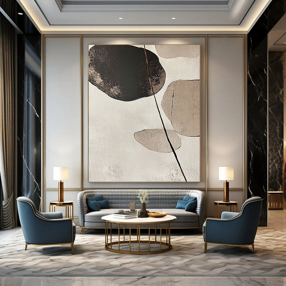 Large contemporary abstract art featuring minimalist Japandi design with stone and leaf forms in beige and neutral tones against a white background. DLZ1616