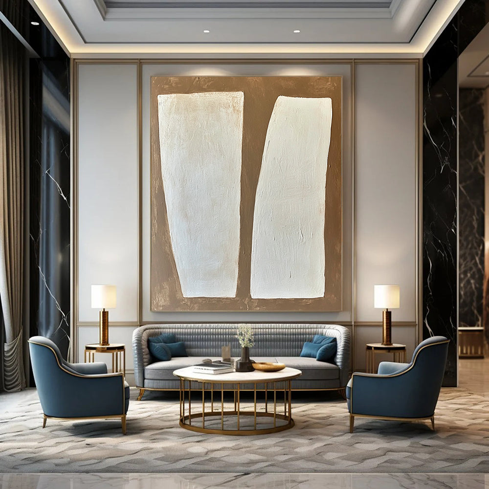 Large contemporary hand-painted abstract art featuring white rectangular forms on a textured brown and white background with soft edges and a minimalist style. DLZ1750