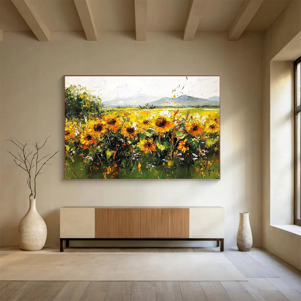 “Sunflower Field Impasto” - Thickly painted sunflowers in gold and green, Impasto Landscape Painting On Canvas HB0542