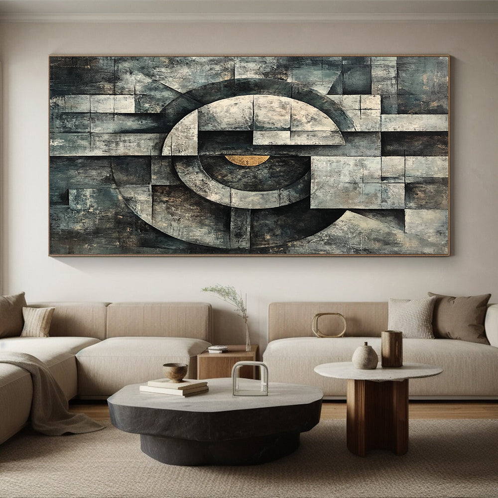 Gray, Black and Gold Geometric Composition "Industrial Harmony" Painting On Canvas HB345