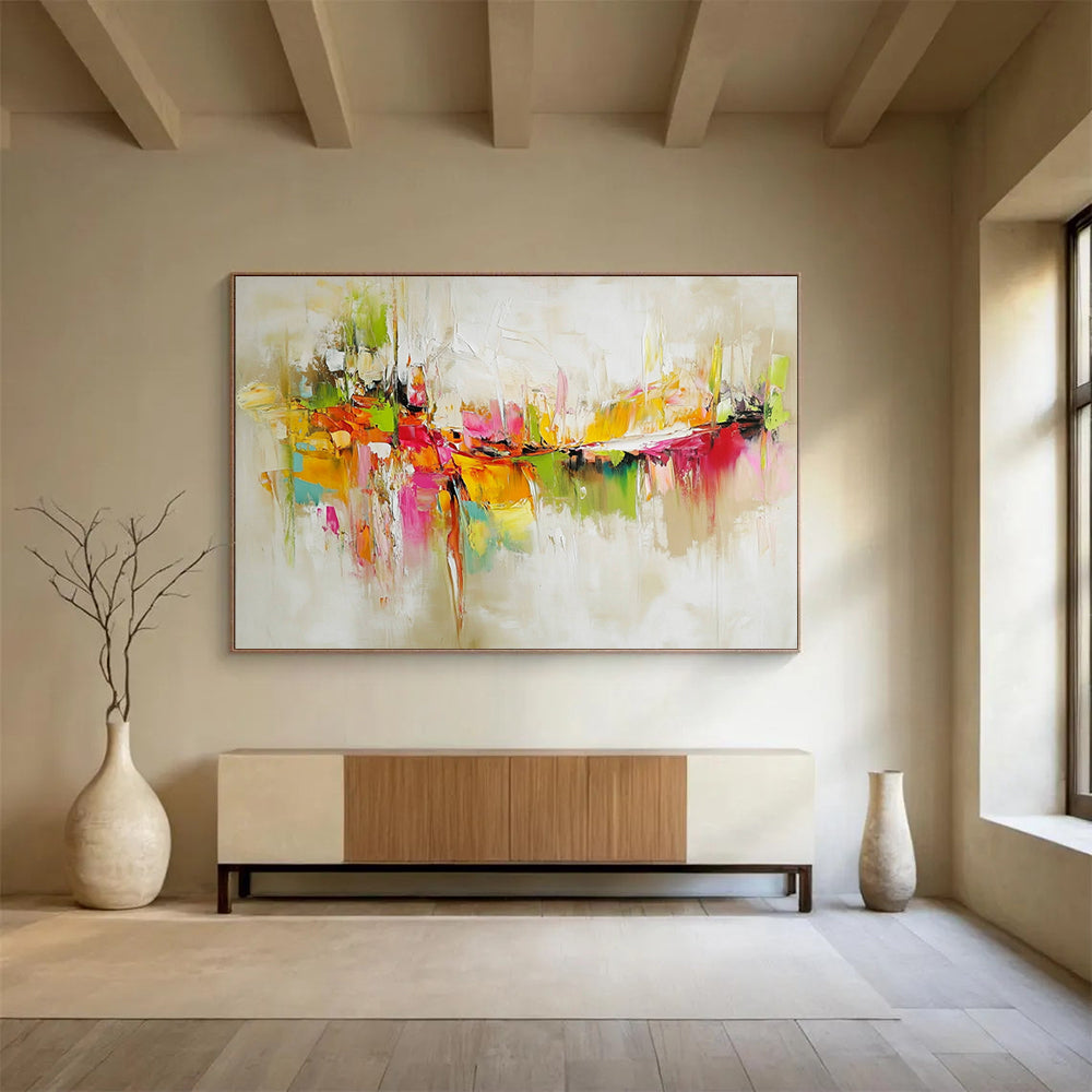 “Vibrant Abstract Cityscape” - Colorful, with hues of green, orange, pink, yellow; Abstract cityscape with thick brushstrokes; Oil Painting On Canvas HB1256