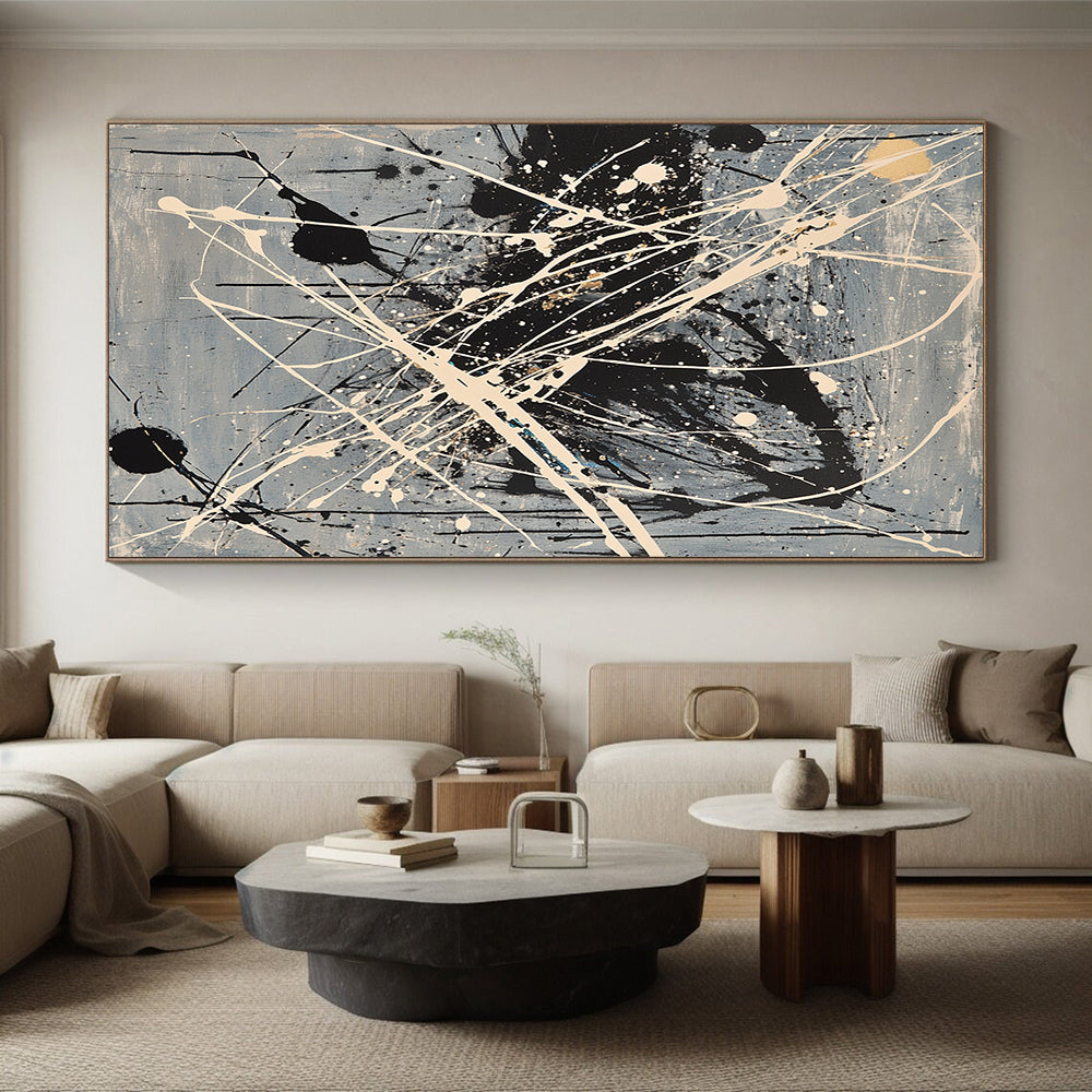 Gray, Black, White, Gold, Splattered Lines "Celestial Web" Abstract Pollock - Inspired Painting On Canvas HB052
