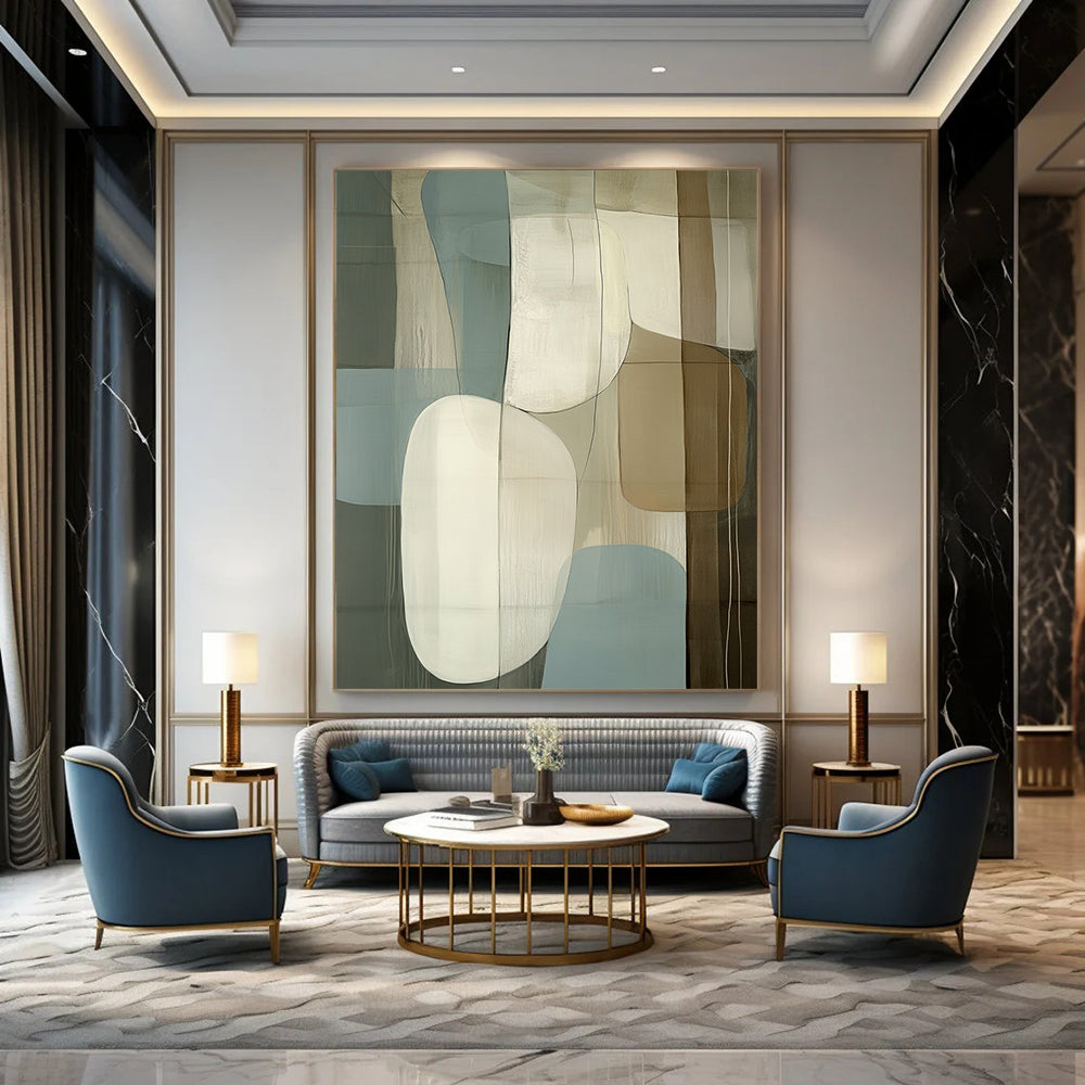 Large contemporary hand-painted abstract artwork featuring light blue beige and white shapes on a dark gray background with striking depth. DLZ1299