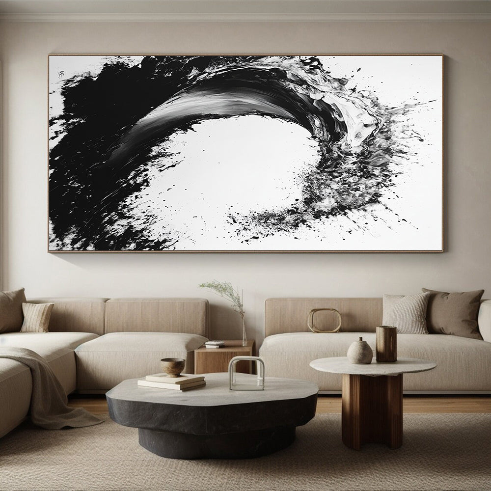 Black & White Ink Wave - “Powerful Ocean Ink” Painting On Canvas HB235