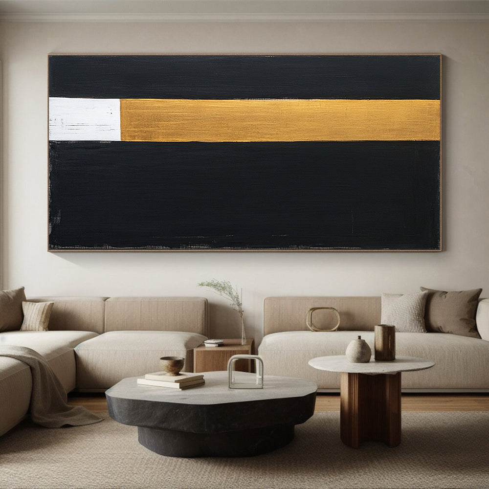 Black, Gold, White, Vertical Stripes "Elegant Divide" Abstract Modernist Painting On Canvas HB113