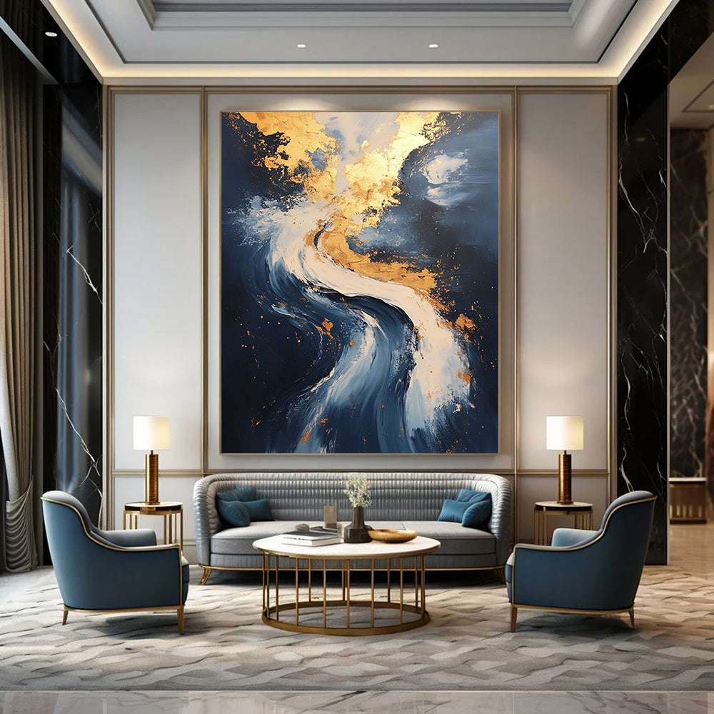 Contemporary abstract painting showcases flowing water and serene clouds with gold leafing and ultra-detailed textures for a captivating experience. DLZ0332