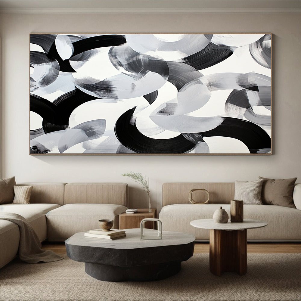 Black & Gray Intertwined Curves - “Fluid Ink Harmony” Painting On Canvas HB239