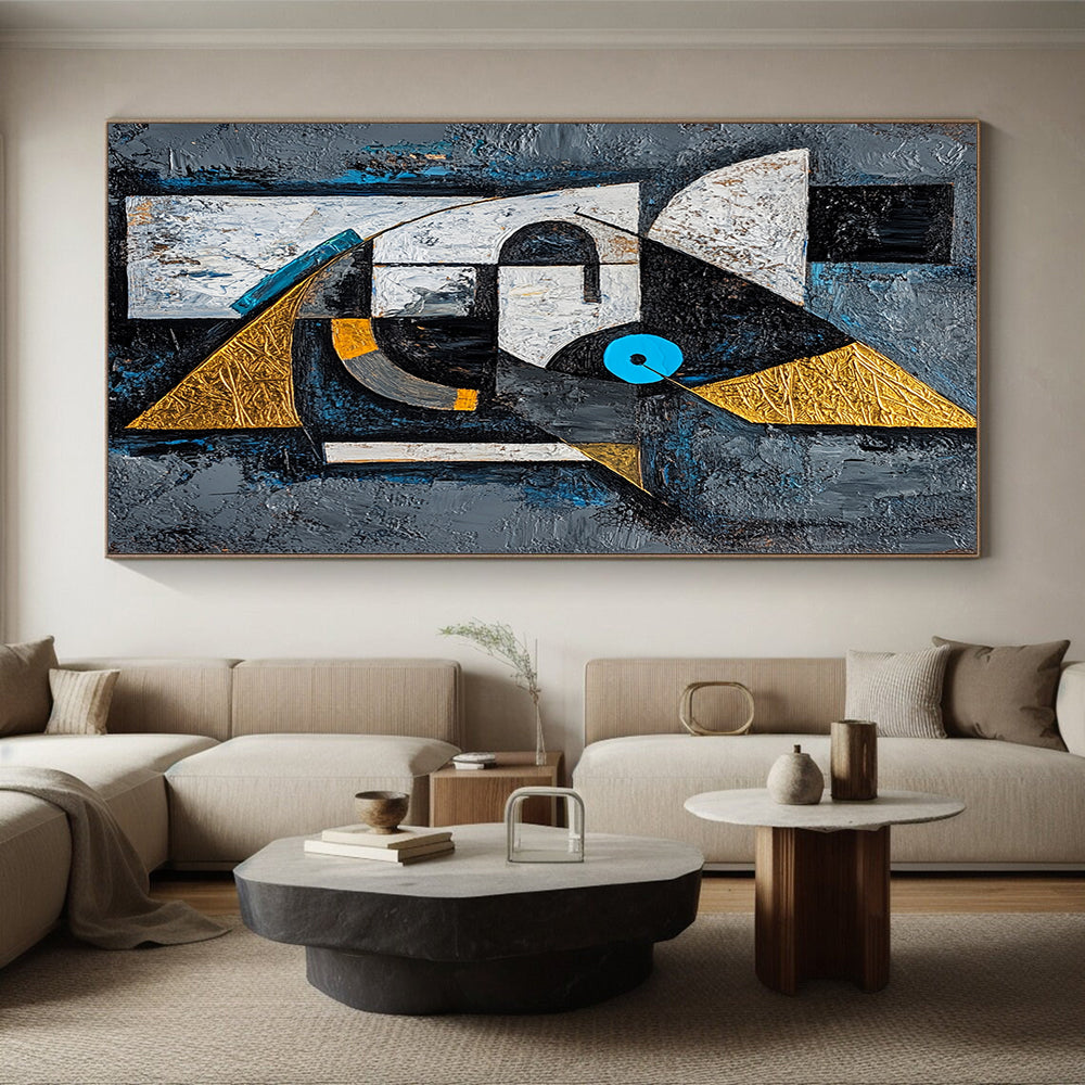 Gray, Black, White, Gold and Blue Cubist - Inspired "Abstract Portrait" Painting On Canvas HB319