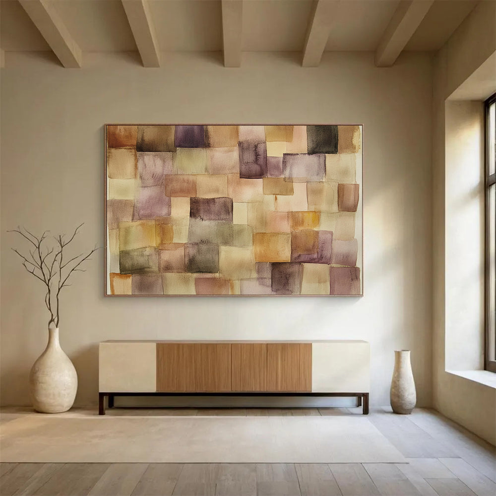 “Watercolor Square Patchwork” - Brown, Purple, Beige, Softly Blended Square Shapes - Watercolor Painting HB1768