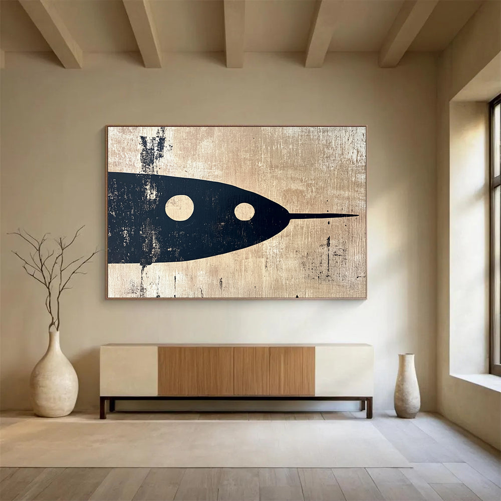 “Black Fish on Beige” - Black, beige, fish silhouette, Minimalist Mixed - Media Painting HB0616
