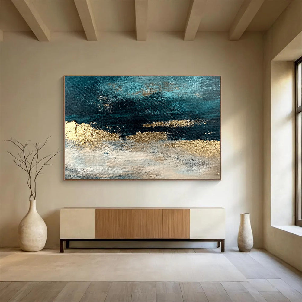 “Teal - Gold Abstract Horizon” - Teal, Gold, White with Textured Layers - Painting On Canvas HB1404