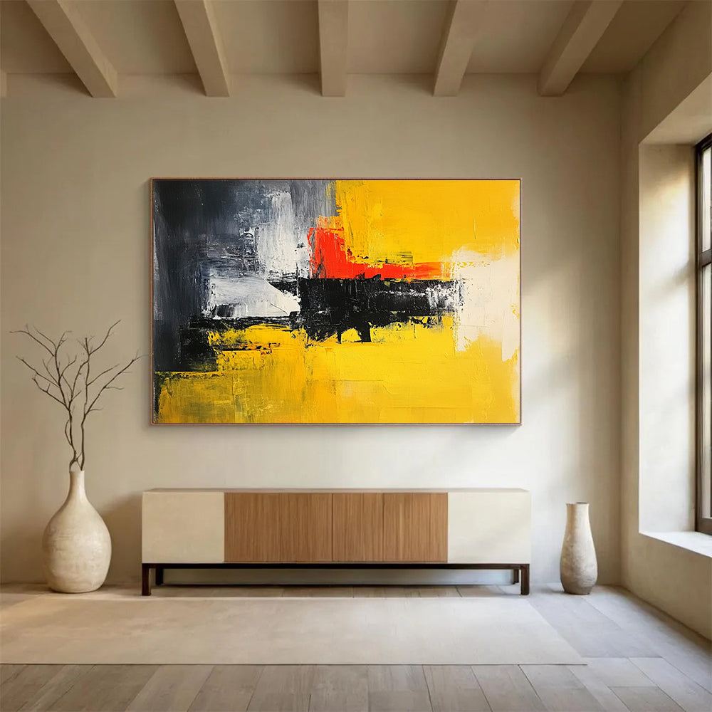 “Yellow Red Black Abstract” - Yellow, Red, Black, White, Gray, Textured Brushstrokes - Painting On Canvas HB1442