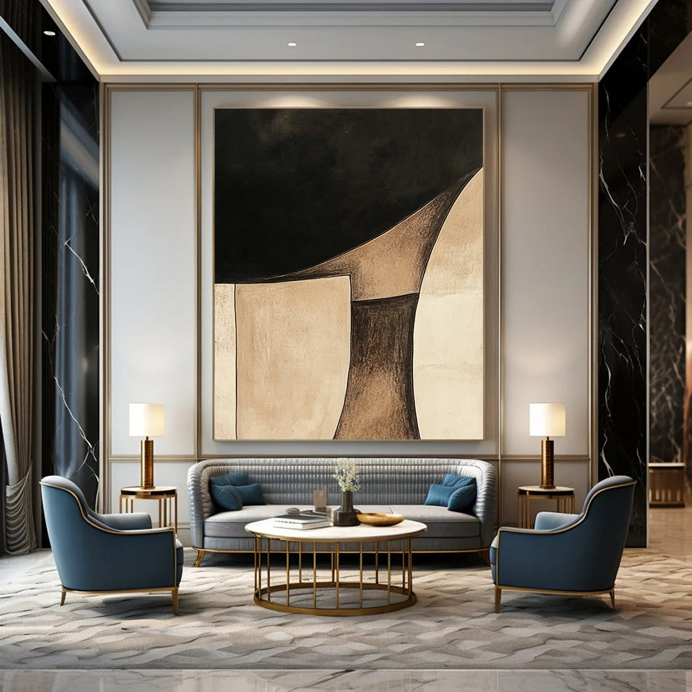 Contemporary hand-painted abstract art features minimalist Japandi style with beige and brown shapes on a black background and soft watercolor washes. DLZ1611
