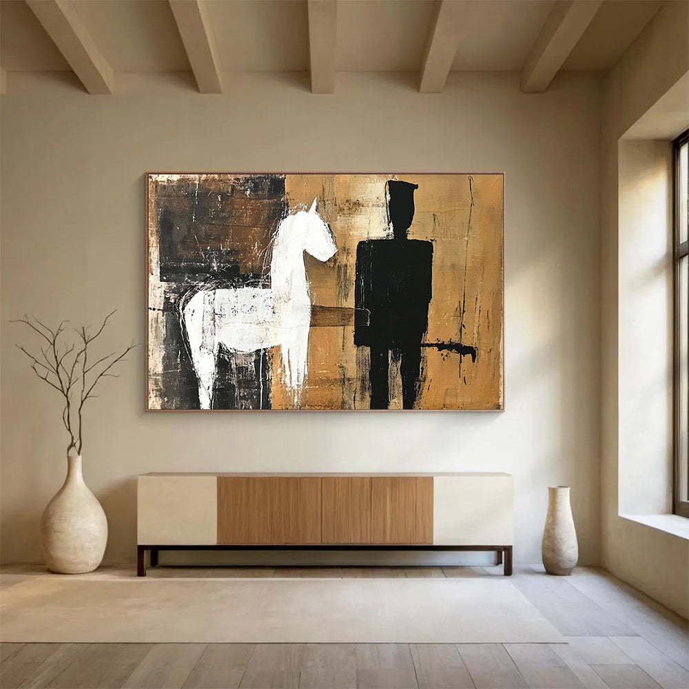 Brown, Black, and White Silhouettes - “Equestrian Silhouette” Painting On Canvas HB1455