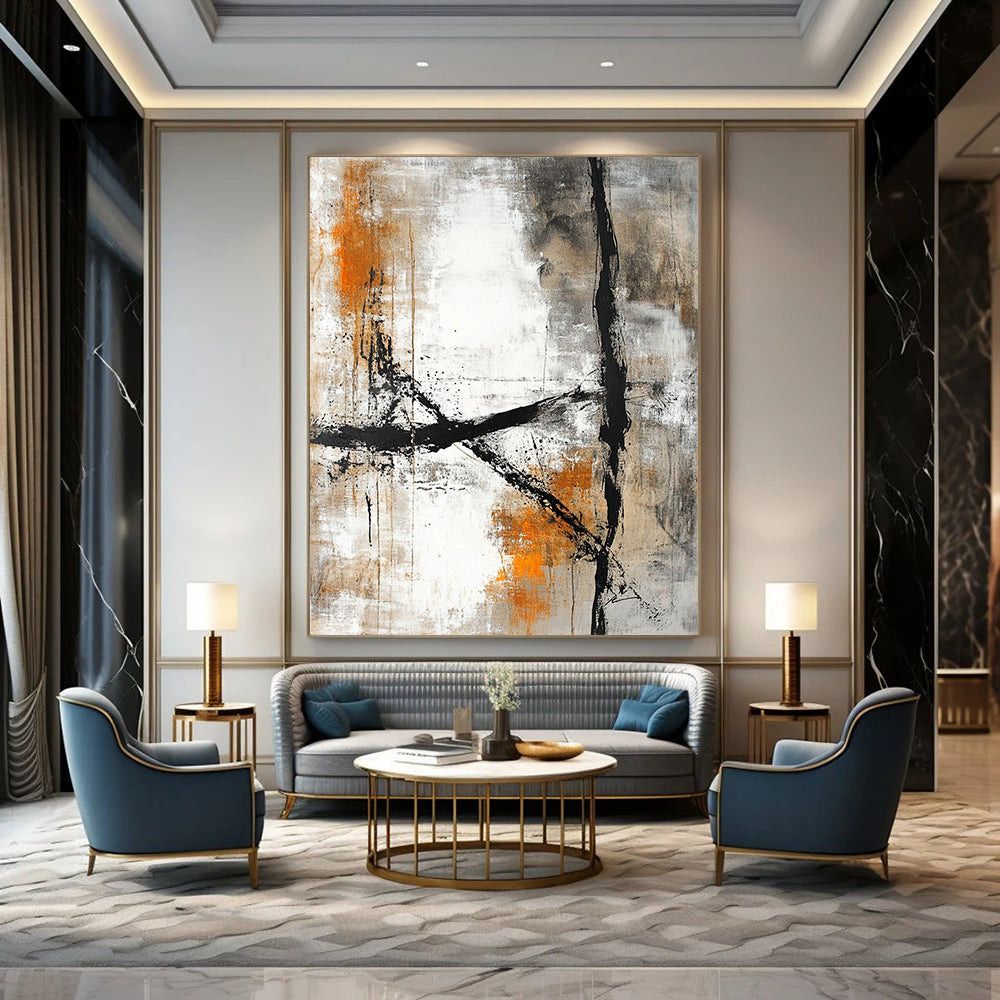 Contemporary hand-painted abstract art featuring a textured canvas with beige and white colors, accented by dark gray lines and light orange tones. DLZ0288