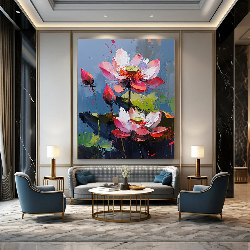 Contemporary hand-painted abstract artwork features vibrant lotus flowers with pink and red petals against a blue background creating a lively atmosphere. DLZ0423