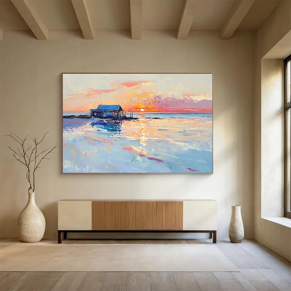 “Sunset Shack by Sea” - Pinks, Oranges, Blues, Coastal Shack - Impasto Oil Painting HB1592