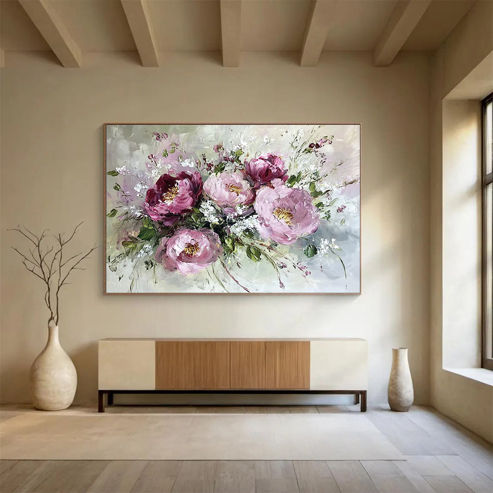 “Pink - Toned Peony Bouquet” - Pinks, Whites, Greens, Peony Flowers - Impasto Oil Painting HB1586