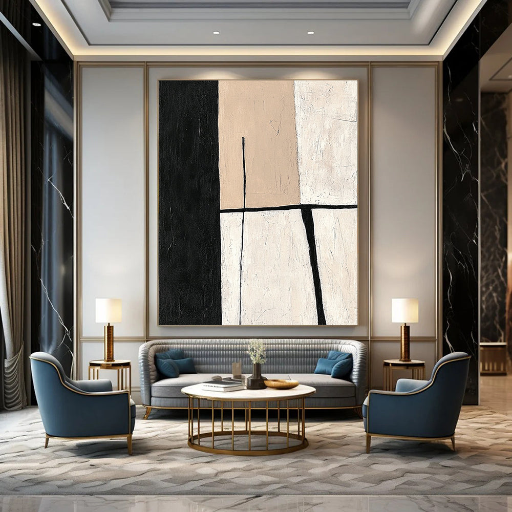 Contemporary hand-painted abstract work featuring minimalistic shapes in a balanced neutral palette of beige and black for an elegant modern aesthetic. DLZ0936