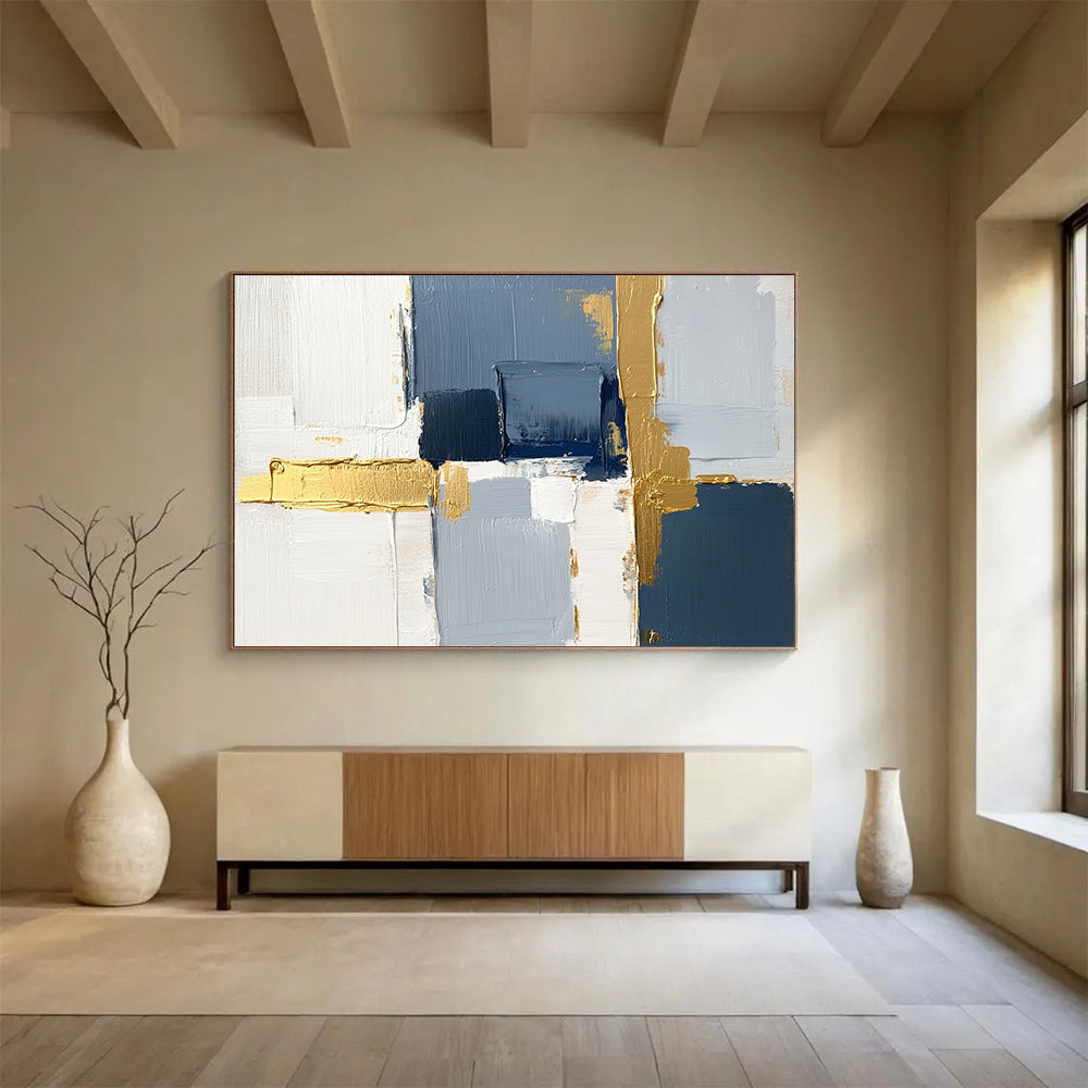 “Blue and Gold Geometric Abstract” - Blue, gray, white, gold; Geometric abstract with gold accents; Acrylic Painting On Canvas HB1252