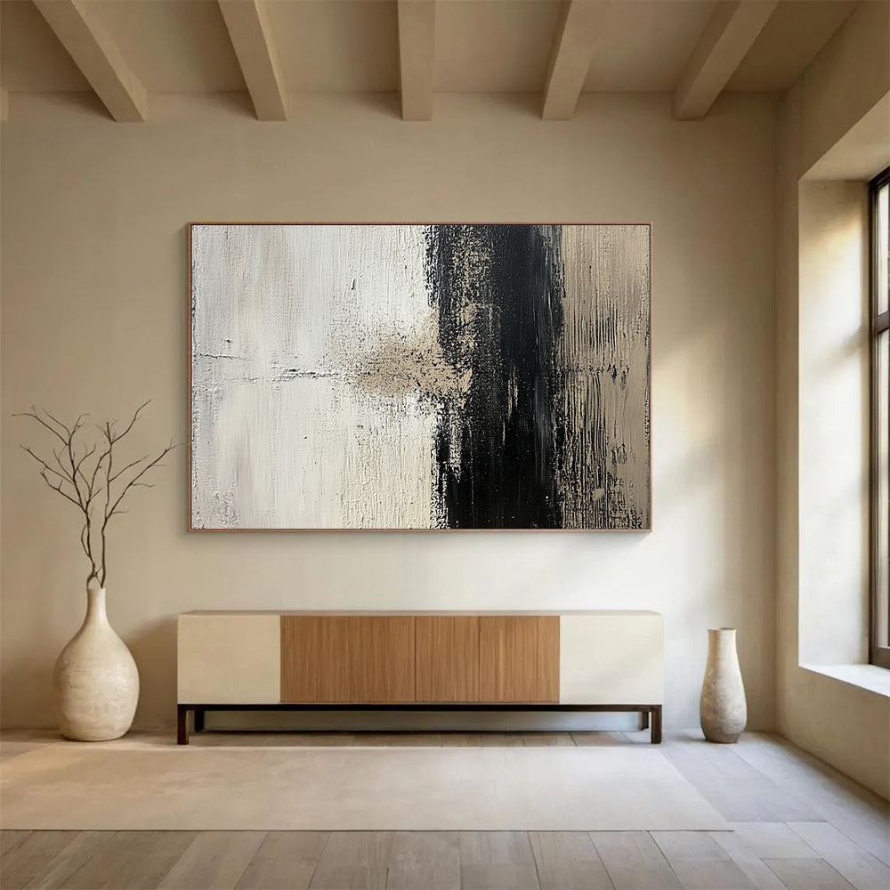 “Textured Black and White Abstract” - Black, white, beige; Textured abstract with bold brushstrokes; Acrylic Painting On Canvas HB1269