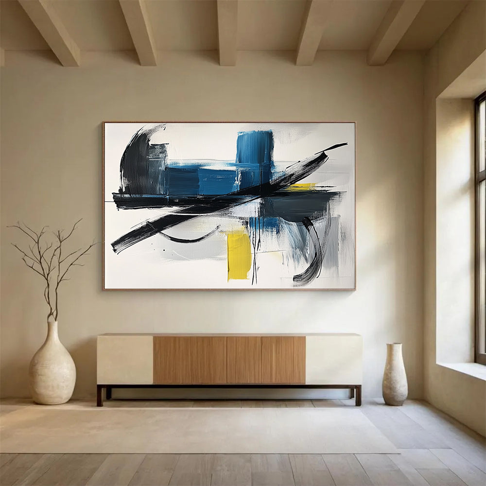 “Blue and Black Dynamism” - Blue, Black, Yellow, Gray, Bold Strokes - Abstract Expressionist Acrylic Painting HB1549