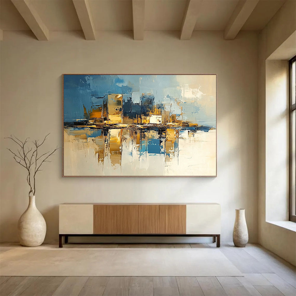 “Cityscape Reflections” - Deep blues, golds, whites; Abstract city skyline mirrored in water; Palette Knife Oil Painting On Canvas HB1177