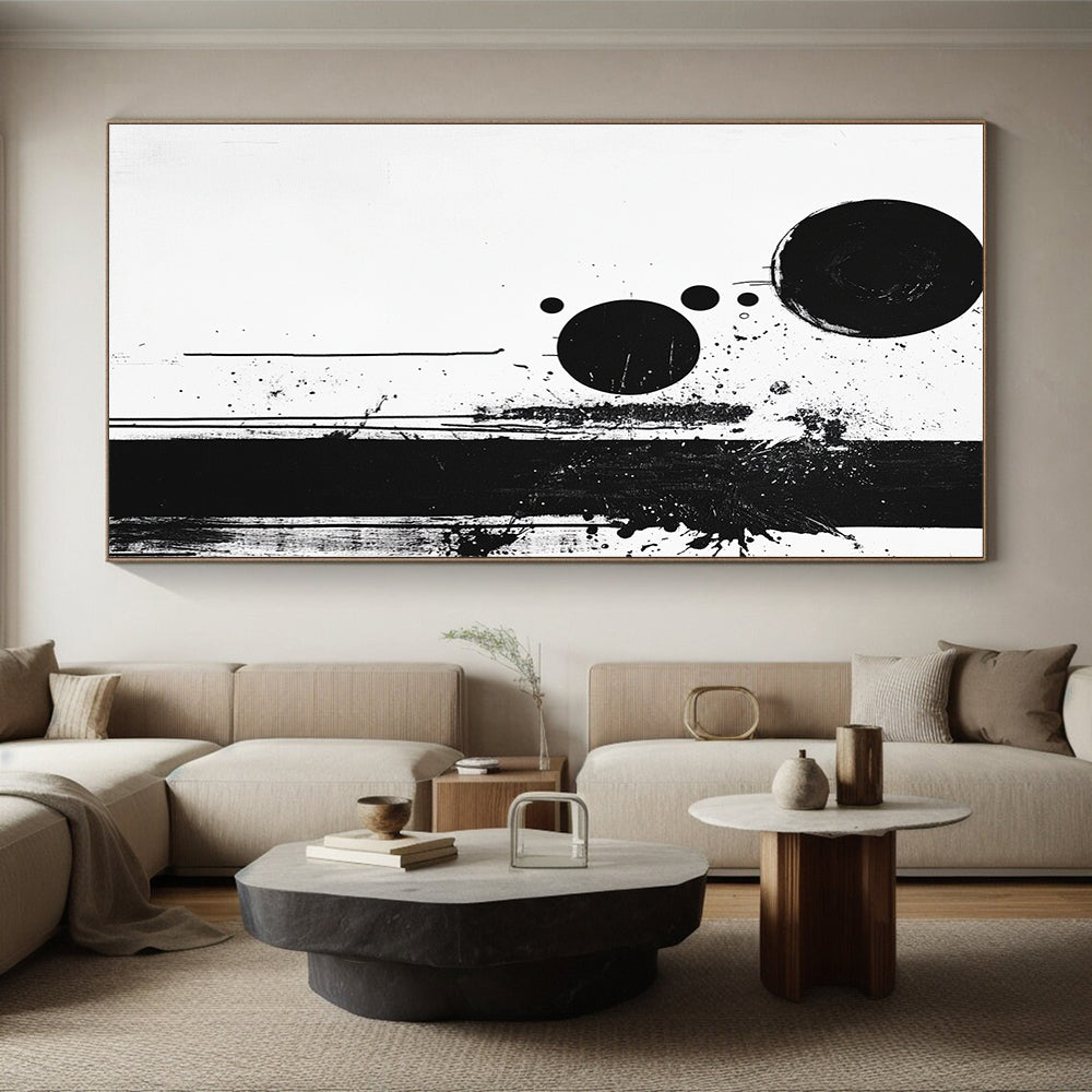 Black Circles, Dots & Splatter - “Dynamic Ink Spots” Painting On Canvas HB236