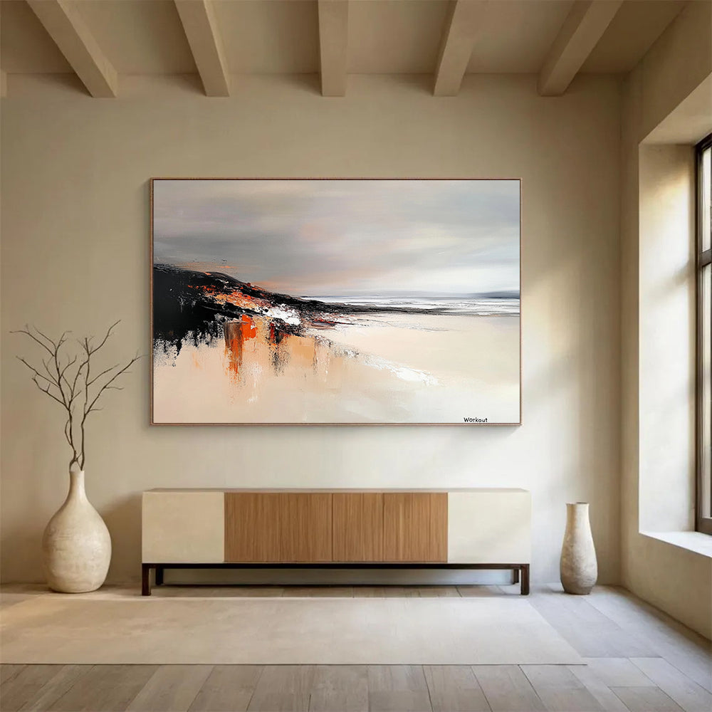 “Muted Tones Coastal Landscape” - Muted Gray, Orange, Abstract Coastal Landscape HB1121
