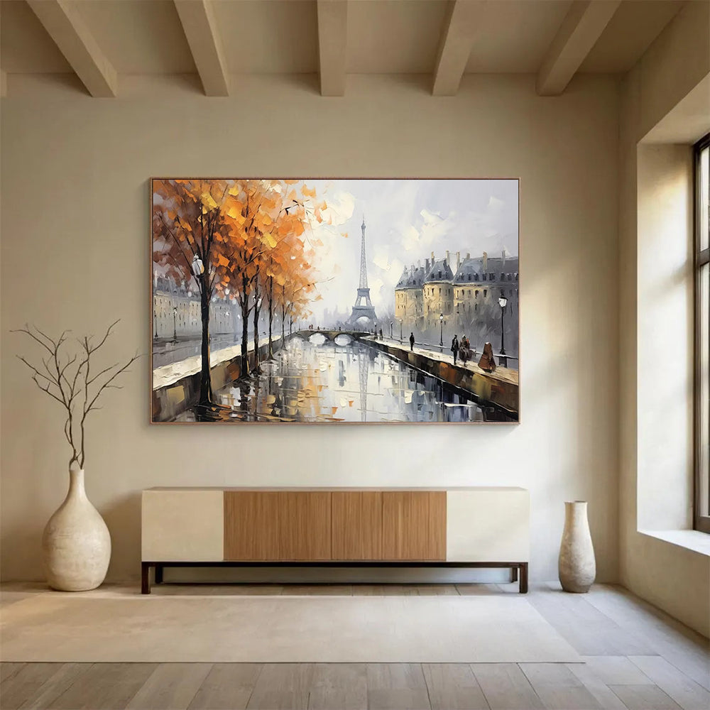 Paris Autumn Canal Oil Painting - Large Romantic Living Room Decor DLZ171