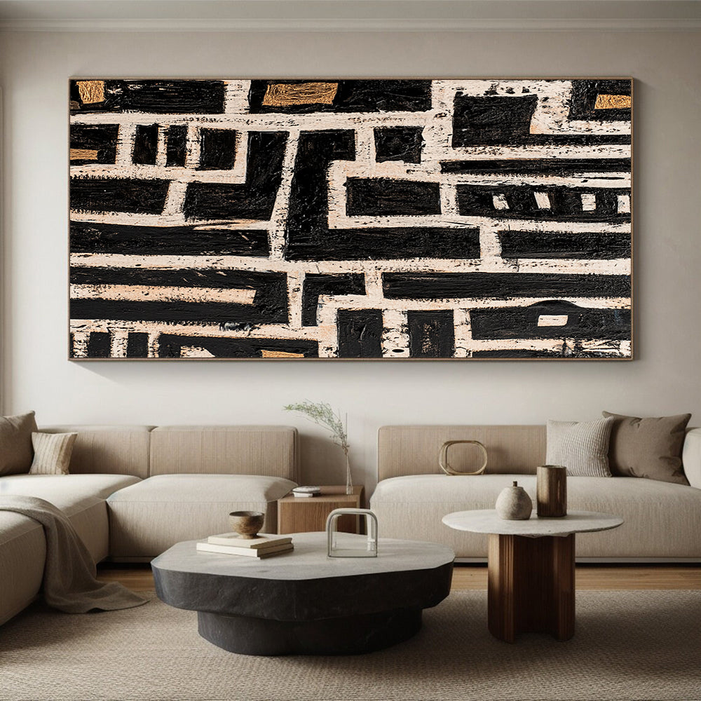 Black, White and Gold Geometric Maze "Labyrinthine Path" Painting On Canvas HB341