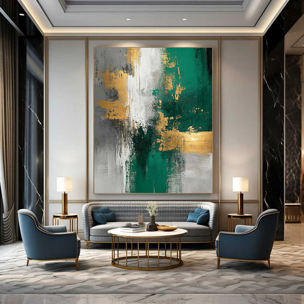 Large contemporary abstract painting featuring gold foil texture emerald green and white tones on light gray background with elegant composition and soft lighting. DLZ0273