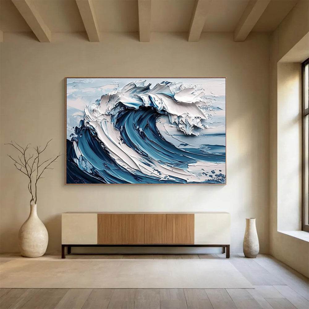 “3D Ocean Wave” - Blue, White, Textured Wave, Hyper - Realistic Palette Knife Painting On Canvas HB1102