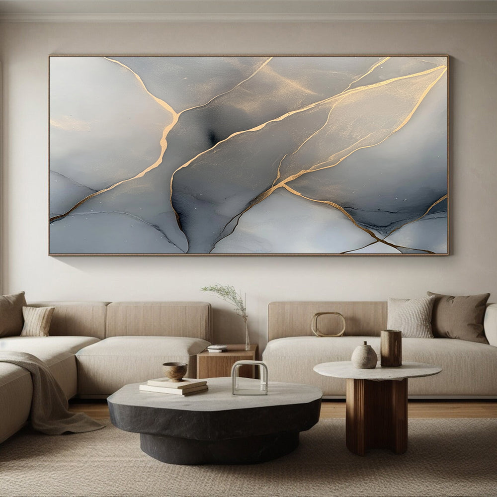 Gray, Gold, Veined Patterns "Marble Majesty" Abstract Painting On Canvas HB040