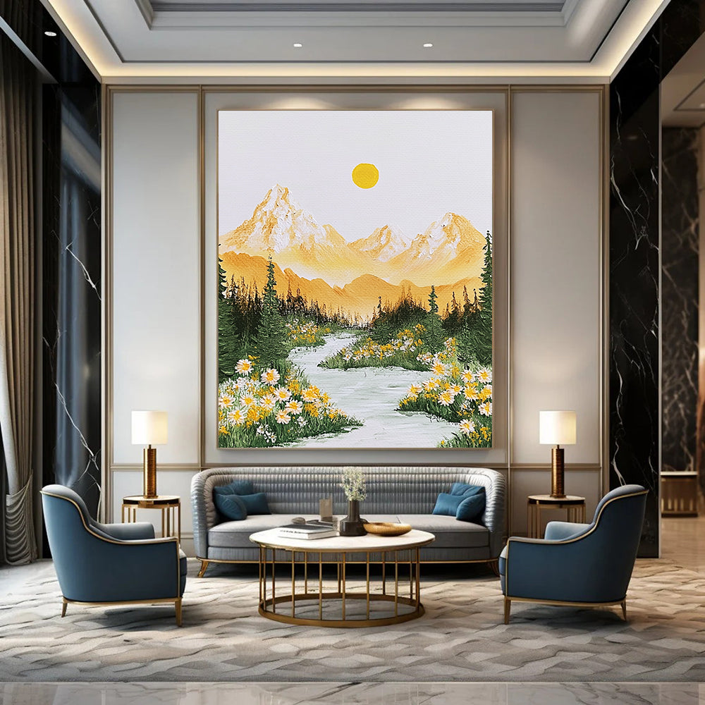 Contemporary abstract art features vibrant yellow and green Alps mountains, flowing river, radiant sun, and delicate flowers, evoking tranquility and beauty. DLZ1418