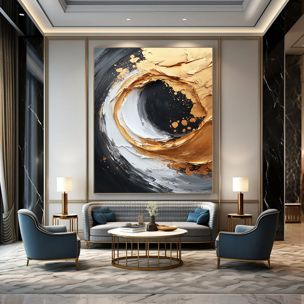 Contemporary abstract painting featuring gold and white brushstrokes on a black canvas with dynamic composition and textured accents in high resolution. DLZ0739