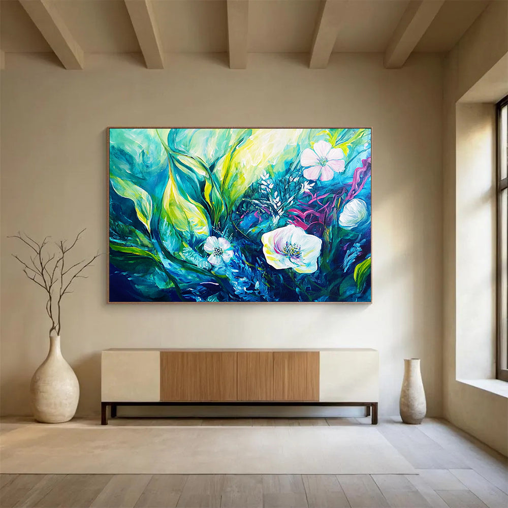 “Teal - Green Floral Abstraction” - Teal, Green, Abstract Floral, Lush Brushstrokes HB1124