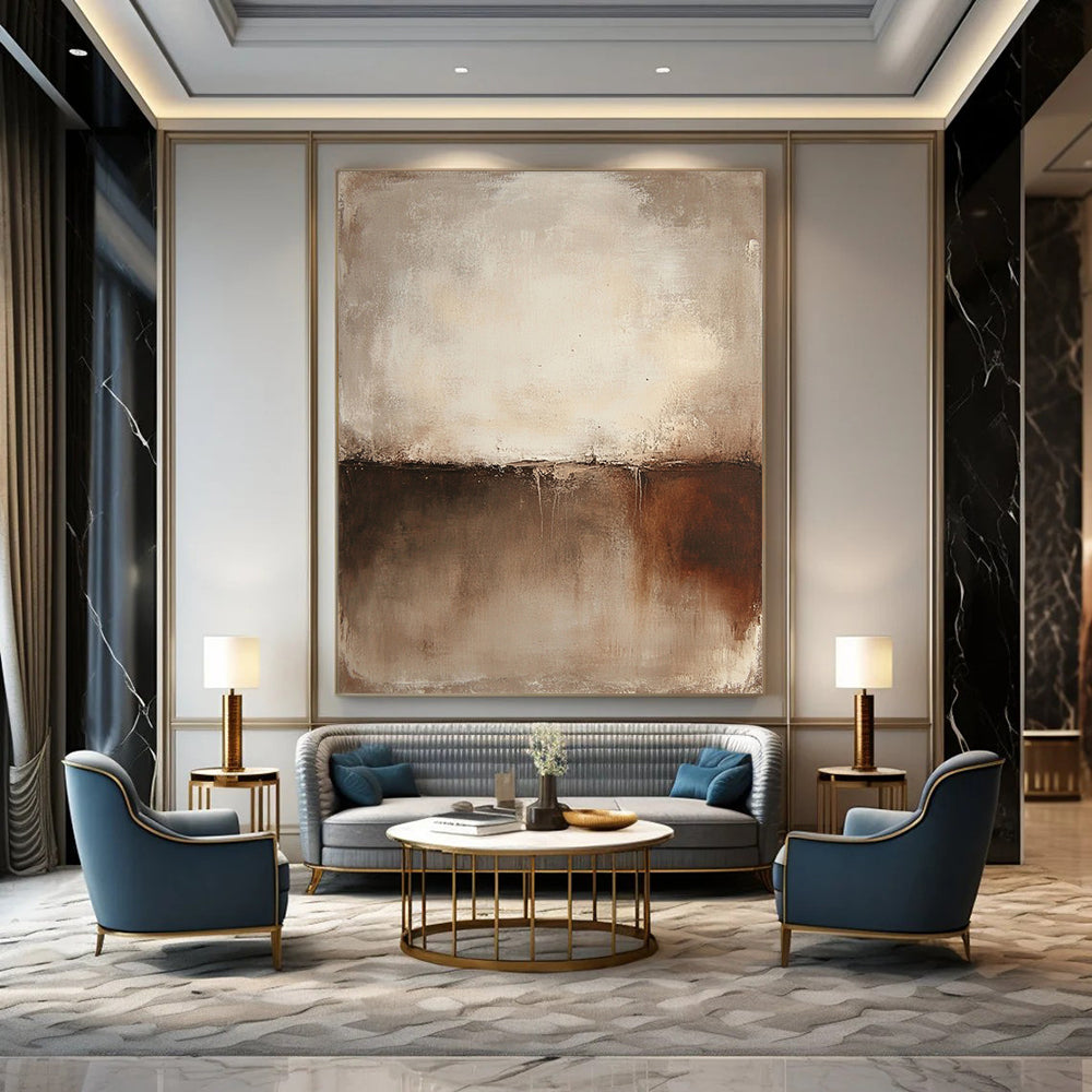 Large contemporary hand-painted abstract art featuring a textured wall in warm brown and cream tones. Perfect for modern decor. DLZ1379