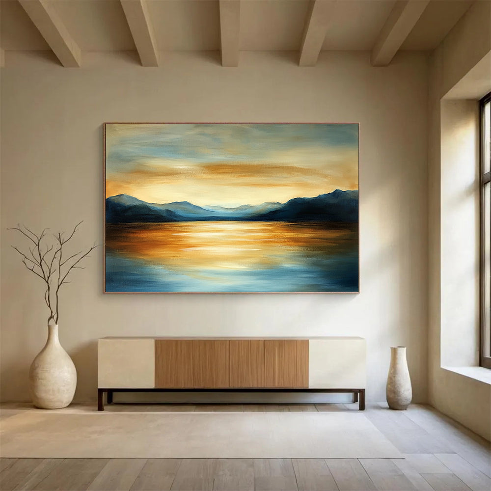 “Mountain Lake Sunset” - Blues, Oranges, Golds, Lake Surrounded by Mountains at Sunset - Acrylic Painting HB1608