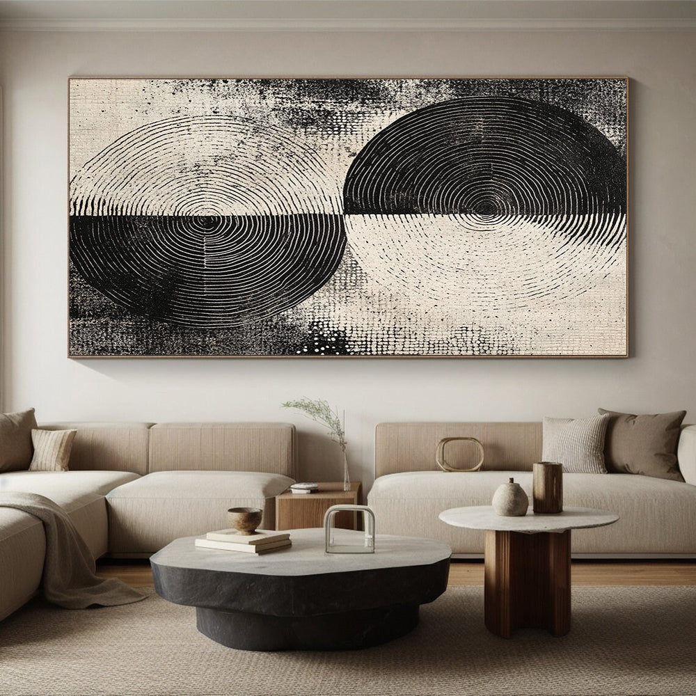 Black and White Split Circles "Dual Rhythm" Painting On Canvas HB253