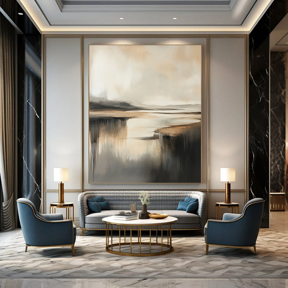 Contemporary abstract painting featuring a misty coastal landscape in neutral tones with rich texture and depth and gentle shadows. DLZ0472