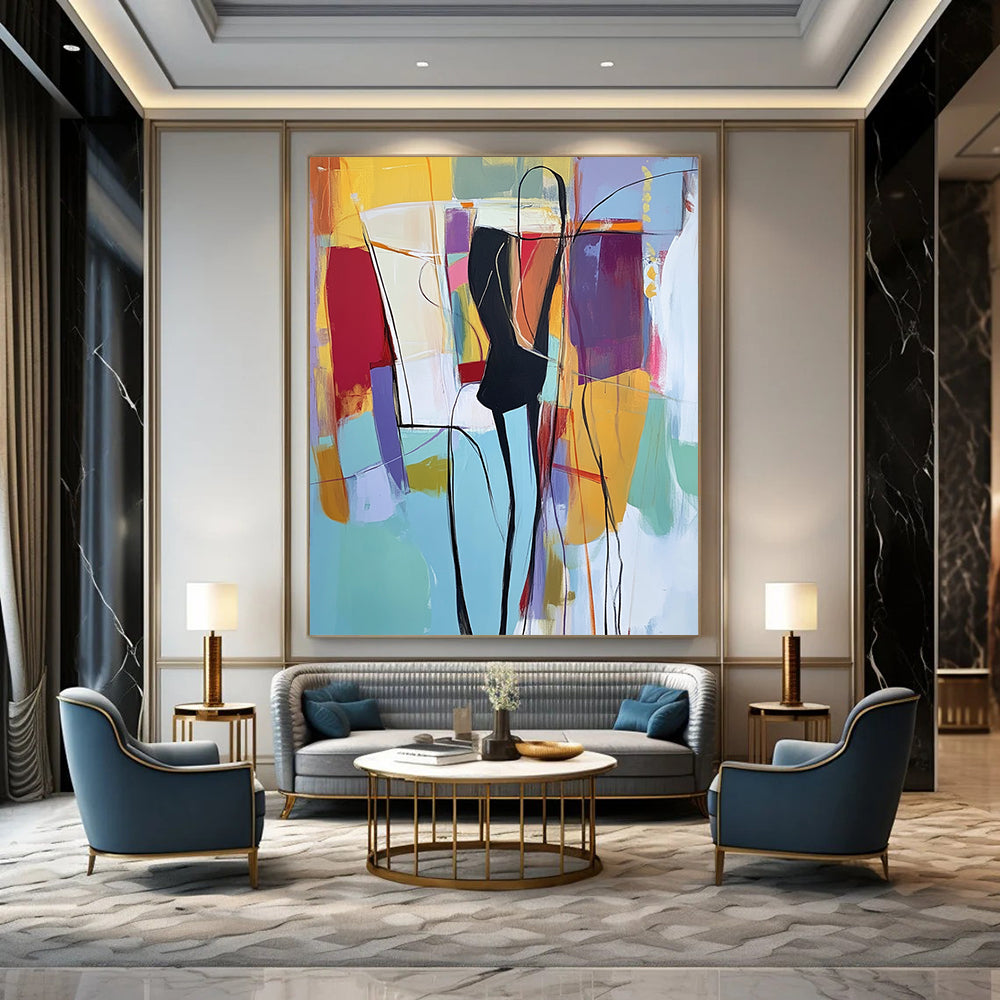 Contemporary hand-painted abstract art featuring light blue hues with vibrant reds yellows greens and purples depicting a figure in a black suit. DLZ0996