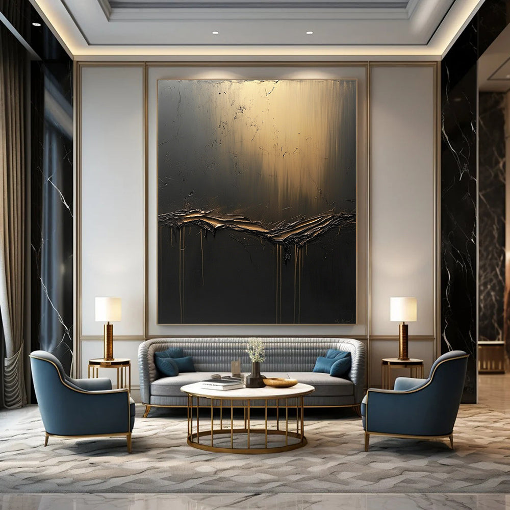 Large contemporary hand-painted abstract artwork features textured dark gray canvas with golden light and flowing black fluid, accented by ethereal shapes. DLZ0691