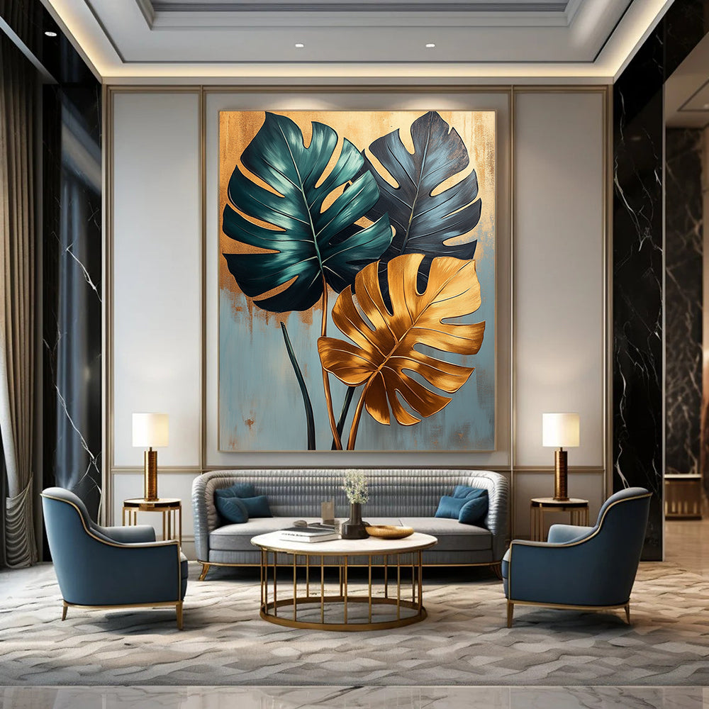 Contemporary abstract painting featuring lush monstera leaves in green and gold on a soothing light blue backdrop with elegant gold accents. DLZ1680
