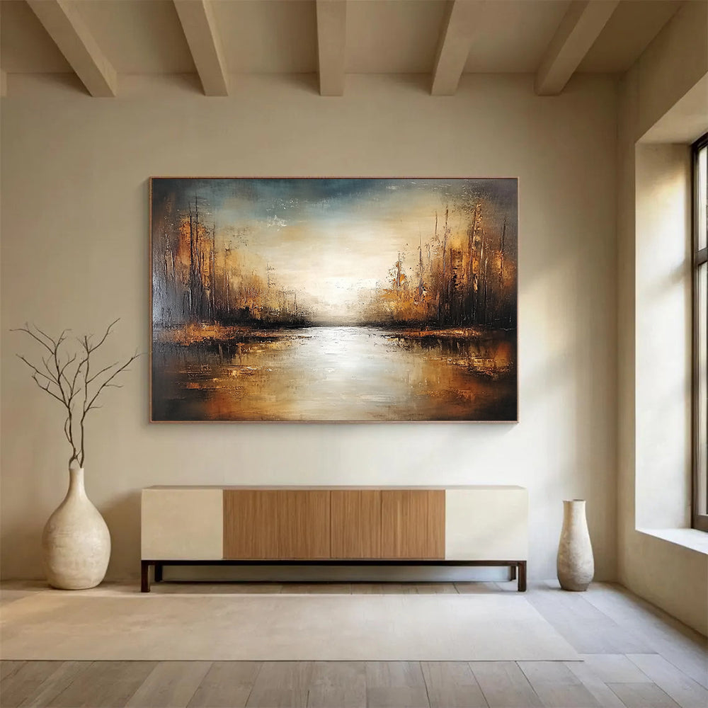 “Golden Forest Stream” - Brown, Gold, Gray, Sunlit Trees and Reflective Stream Painting On Canvas HB0929