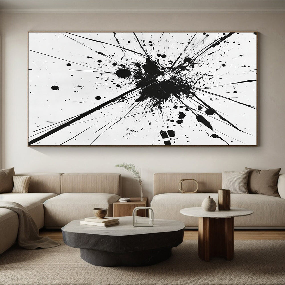Black Splattered Explosion on White - “Energetic Ink Burst” Painting On Canvas HB218